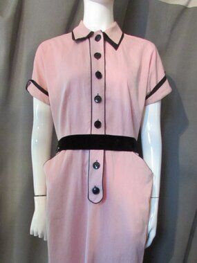 1950 Era Sheath Pink Faille Black Trim Vicky Vaughn